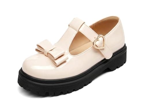 Coutgo Girls Mary Jane Dress Shoes Chunky Platform Loafers School Uniform Closed Toe T Strap Flats with Bow, Beige, 11 Little Kid - Image 1
