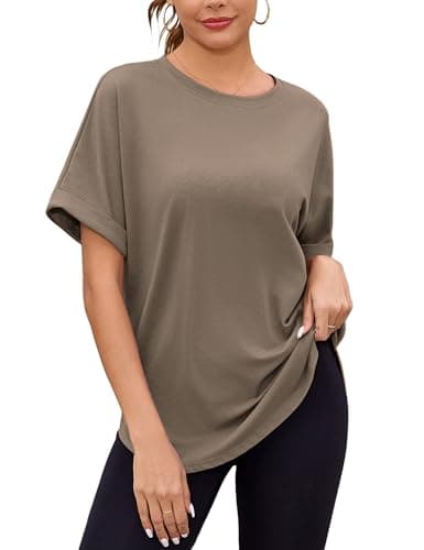Totatuit Women Oversized Tee Shirts Drop Shoulder Short Sleeve Boxy Tops Loose Fit Long Tunic Tshirts Baggy Casual Crew Neck Basic Solid Gym Workout Active Clothes Coffee Large - Image 1