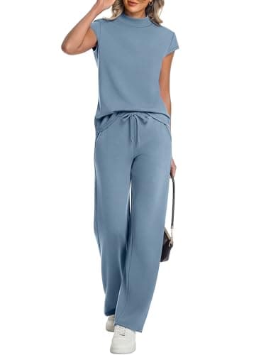 Casly Lamiit 2 Piece Outfits for Women Mock Neck 2 Piece Outfits Cap Sleeve Tops Pant Sets Summer Travel Airport Casual Beach Cruise Outfit Blue Grey XS - Image 1