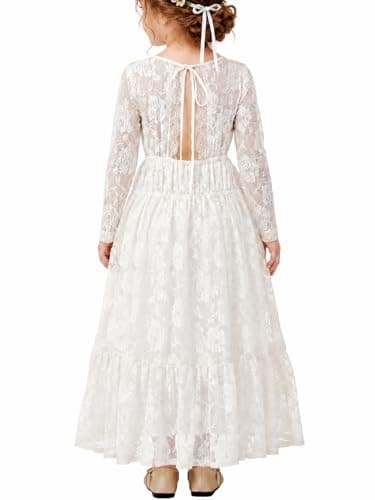 ALLOVIN Toddler & Girls Long Sleeve Lace Flower Girl Dress Maxi Boho A-Line Dress for Wedding Baptism 1st Communion | Ivory | 6-7Y - Image 1
