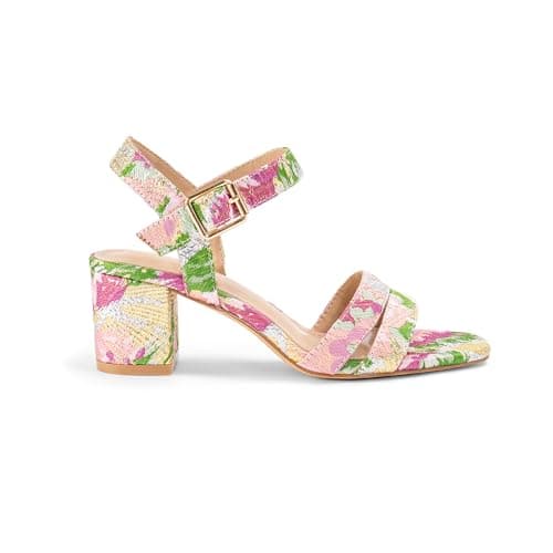 RUSAUISE Pink Floral Heels for Women Round Open Toe Chunky Block Heel Ankle Strap Heeled Sandals Summer Dressy Party Shoes Heels Size 8.5 - Image 1