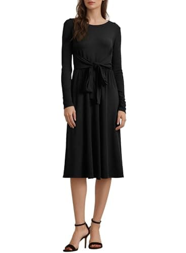 BLENCOT Long Sleeve Dress V Neck Casual Knit Pleated Flowy Fall Winter Outfits Work Midi Maternity Dresses with Pockets Black L - Image 1