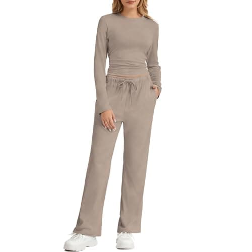 MAGICATELIER Women 2 Piece Long Sleeve Lounge Sets Matching Outfits Side Ruching Slim Fit Wide Leg Pants Pockets Casual Workout Sweatsuit - Image 1