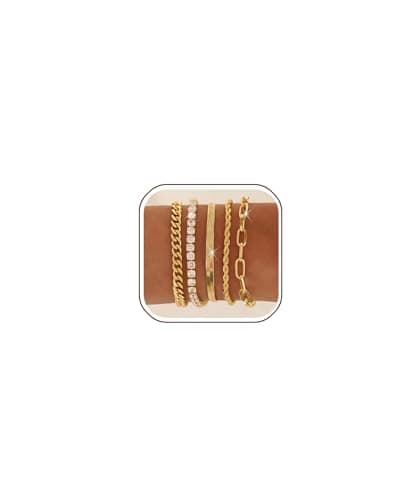 Gold Bracelets for Women 14K Gold Plated Stack Trend Bracelets Charm Paperclip Chain Cuban Link Layered Waterproof Bracelet Dainty Bracelet for Women Jewelry Gifts (5Pcs Gold) - Image 1