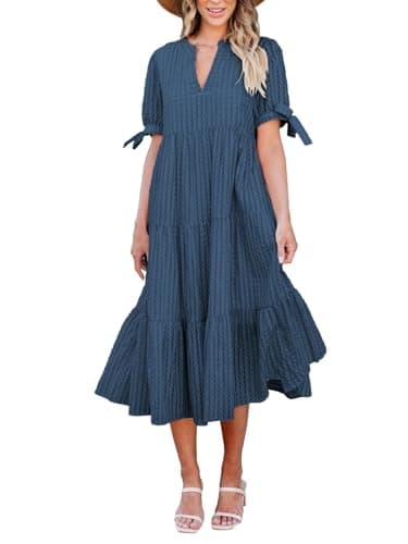 Theenkoln Womens Casual Midi Dress: Short Sleeve V-Neck Empire Waist Gingham Spring Fashion Long Trendy Tiered Formal Dresses Navy Blue - Image 1