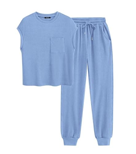 BTFBM Women's Two Piece Tracksuit Outfits Summer Short Sleeve Tops Long Pants Jogger Lounge Matching Sets Sweatsuit(Light Blue,Small) - Image 1