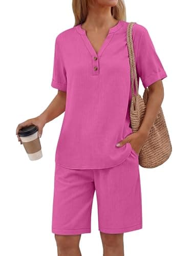 ANRABESS Women 2 Piece Linen Lounge Sets Summer Casual Henley Shirts Short Pajama Set Beach Vacation Clothes Airport Outfits Hot Pink Medium - Image 1