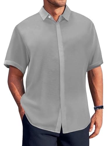 Rioofinx Men's Button-Down Shirts Wrinkle Free Short Sleeve Shirt Textured Linen-Look Casual Top for Summer, Beach Vacation Node-Mark Grey M - Image 1