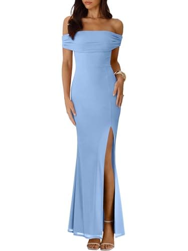 Caracilia Women’s Off Shoulder Maxi Wedding Guest Dress Summer Bodycon High Split Mesh Formal Cocktail Evening Party Dresses Blue Large - Image 1