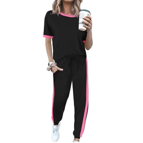 KBKBSN Women 2 Piece Outfits 2026 Summer Casual Sweatsuits Short Sleeve Top Lounge Sets Long Pants Tracksuits Set with Pocket Black02 XL - Image 1