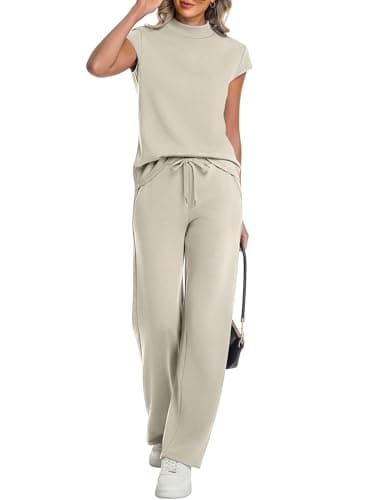 Casly Lamiit 2 Piece Sets for Women Summer 2026 Lounge Travel Vacation Outfits Cap Sleeve Tops Drawstring Wide Leg Pant Sets with Pockets Dark Beige S - Image 1