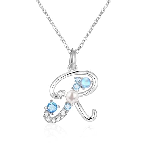 Initial Letter Necklace for Women – 14K White Gold Plated Cubic Zirconia Letter Pearl Pendant, Dainty A-T Alphabet Jewelry, Gift for Mom Wife Valentine Mother Day Christmas R - Image 1