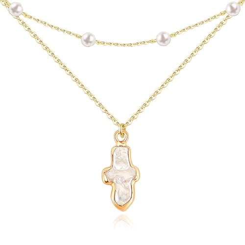 PEALICIOUS 2 Pcs Gold Pearl Cross Necklace for Women, Freshwater Pearl Cross Pendant 14K Gold Plated Necklace Dainty Choker Trendy Baroque Jewelry Set as Birthday Gifts for Teens - Image 1