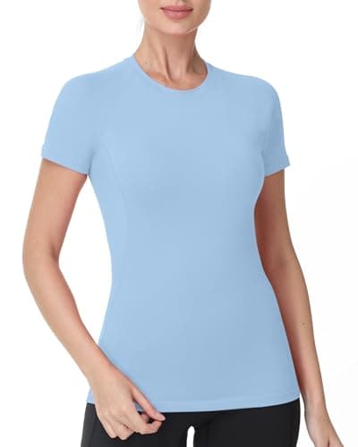 Roadbox Women's Compression Shirts, 1/3 Pack Short Sleeve Workout Tops Athletic Gym T-Shirt Yoga Running Quick Dry Base Layer Light Blue - Image 1