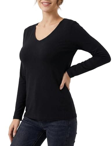 GAMISS Women's Shirt V Neck Top Basic Solid Color Tee Long Sleeve Layering Shirt Black XXL - Image 1