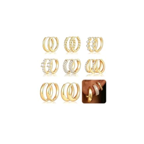 8 Pairs Gold Huggie Hoop Earrings Set for Women, 14K Gold Plated CZ Cartilage Earring for Multiple Piercing, Lightweight Hypoallergenic Small Hoop Stackable Jewelry Gift - Image 1