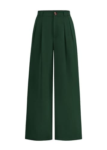 KIRUNDO Wide Leg Dress Pants for Women High Waisted Office Work Trousers Business Casual Slacks Button Flowy Palazzo Pant(Dark Green, X-Large) - Image 1