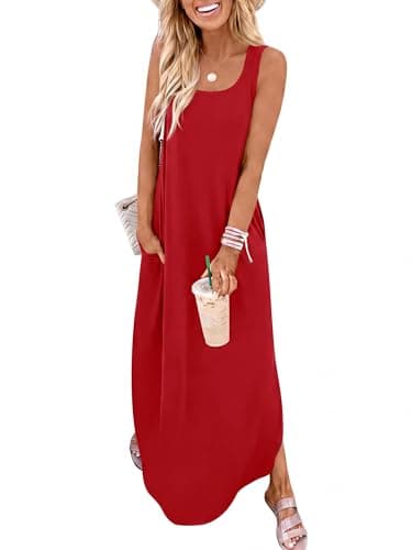 ANRABESS Summer Dresses for Women 2026 Sleeveless Square Neck Maxi Beach Sundress Loose Fit Casual Vacation Tank Dress Red Small - Image 1