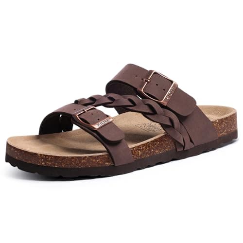 KIDMI Women's Cork Footbed Sandals with Arch Support Comfortable Slip-On Slide Sandals With Adjustable Buckle for Summer, Brown 37 - Image 1