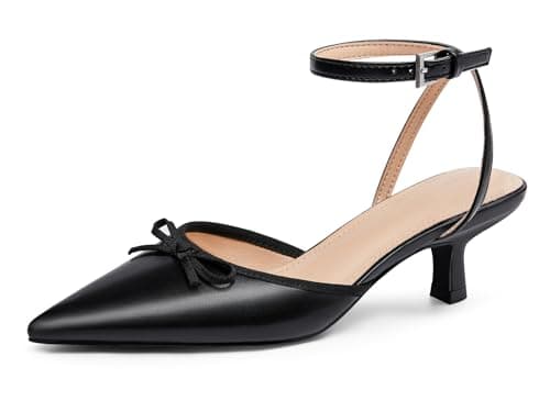 Coutgo Womens Kitten Low Heels Bow Tie Closed Pointed Toe Ankle Strap Pumps Party Wedding Dress Shoes - Image 1