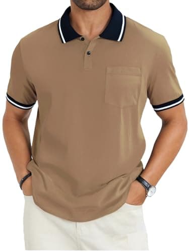 LuxMania Men's Casual Short Sleeve Polo Shirts Classic Button Summer Collared Golf Top T-Shirt with Pocket Dark Khaki 3XL - Image 1