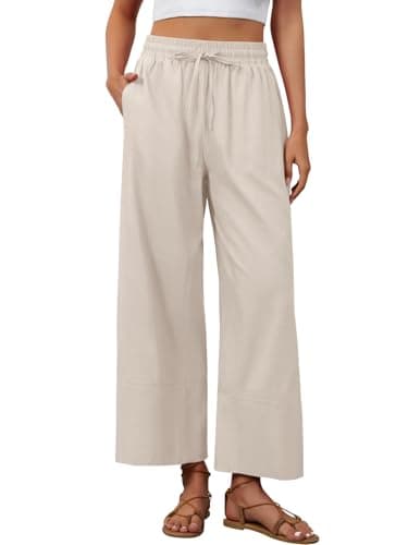 grewley Womens Linen Pants for Women Trendy Boho Pants Casual Palazzo Pants Wide Leg Long Trousers with Pockets Khaki L - Image 1