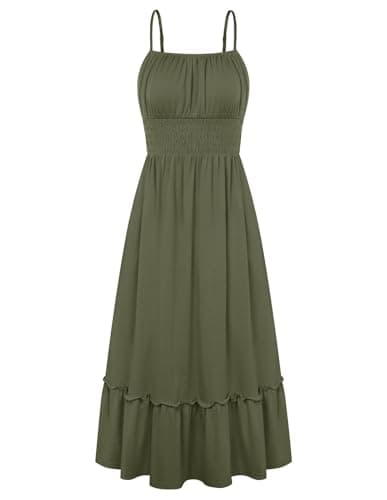 GRACE KARIN Women's Summer Maxi Dress 2026,Smocked Ruched Bust Sundress with Adjustable Straps & Pockets Olive Green XL - Image 1