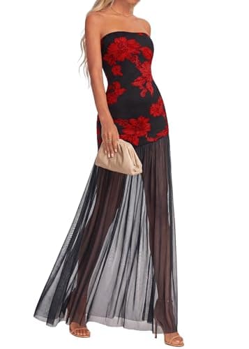 KIRUNDO Wedding Guest Dresses for Women 2026 Summer Strapless Bodycon Floral Maxi Mesh Tulle Hem Cocktail Party Formal Dress(Black Red Flower, Medium) - Image 1