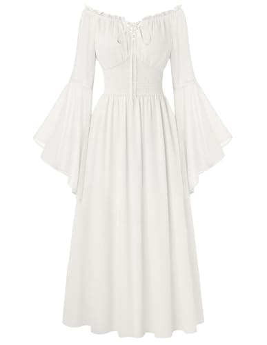 Scarlet Darkness Renaissance Dress Women Peasant Medieval Costume Off Shoulder Maxi Dresses with Pockets White L - Image 1