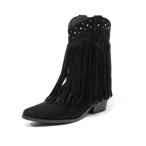 Amoji Womens Western Cowboy Boots Cowgirl Tassels 70S Hippie Fringe Boots Mid Calf Boots Pull On FZD307LS Black Size 10 - Image 1