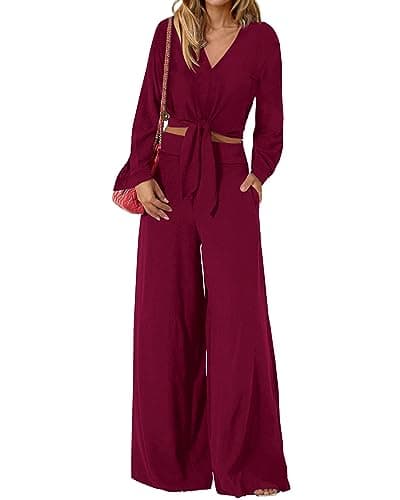 PRETTYGARDEN Women's 2 Piece Outfits 2026 Spring Fashion V Neck Long Sleeve Strappy Crop Top Wide Leg Pant Lounge Sets(Wine Red,Large) - Image 1