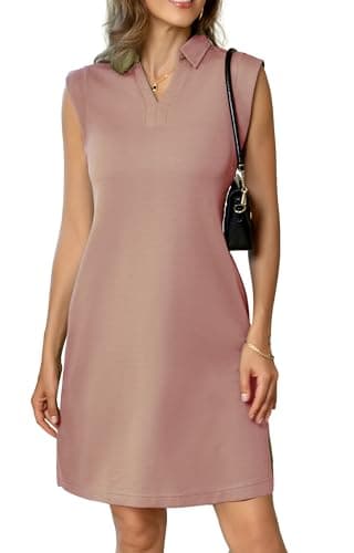 BEXIBOOM Women's Summer 2026 Casual Polo V Neck Collared Cap Sleeve T Shirt Loose Fit Knee Length Dresses with Pockets Red Gray-L - Image 1