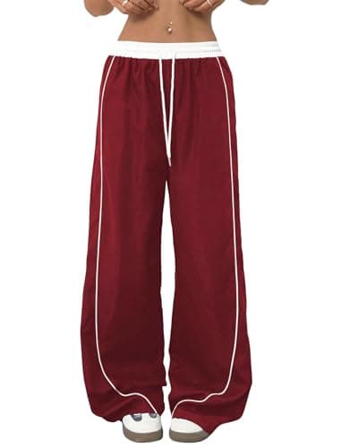 ZAFUL Womens Parachute Pants Y2K Wide Leg Cargo Sweatpants Drawstring Waist Jogger Pants with Pockets Red S - Image 1