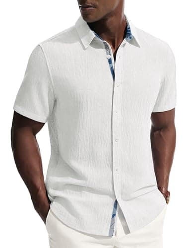 PJ PAUL JONES Men's Short Sleeve Button Down Shirt Casual Linen Summer Beach Wedding Dress Shirt White - Image 1