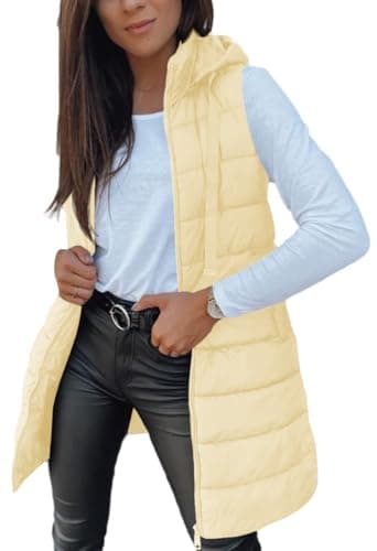 Veatzaer Women Long Vest Solid Color Sleeveless Hood Winter Puffer Vest Outwear - Image 1