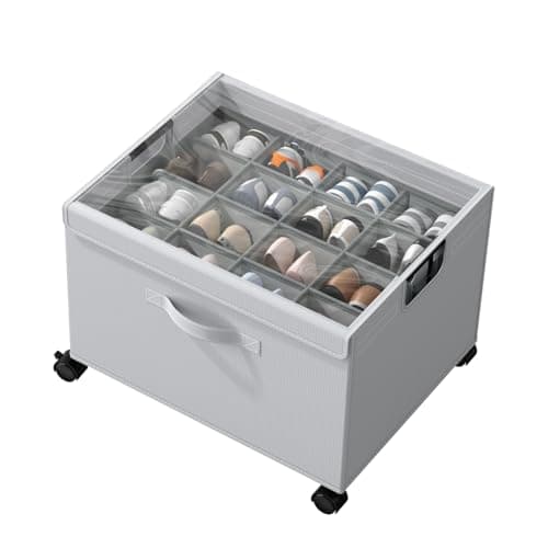 HOUSE AGAIN Shoe Organizer for Closet, Foldable Shoe Storage Organizer Box with Wheels and Adjustable Dividers, Sturdy Metal Frame Fits up to 16-32 Pairs, Large Shoes Storage with Clear Cover - Image 1