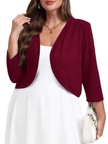AusLook Plus Size Women Bolero Shrugs 3/4 Sleeve Burgundy 1X Open Front Knit Lightweight Coat Cropped Tops Shawls and Wraps Cardigan Dressy Sweater Clothes - Image 1