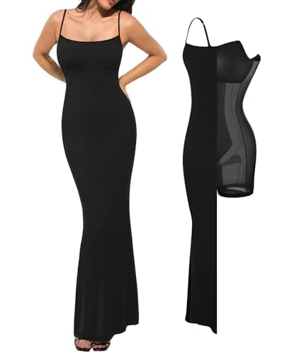 Popilush Bodycon Dresses for Women Summer Black Long Dress Built in Bra Shapewear Tummy Control Spaghetti Strap Ribbed Formal Party - Image 1