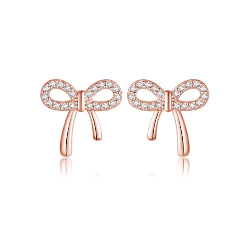 Reffeer Solid 925 Sterling Silver CZ Bow Stud Earrings for Women Teen Girls Ribbon Stud Earrings Bowknot (C-Rose Gold) - Image 1