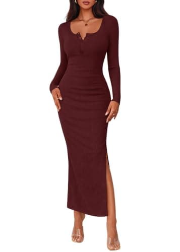 Lazysmile Women's 2026 Fall Long Sleeve Bodycon Maxi Dress Crew Neck Button Down Side Slit Knit Casual Dresses Maroon - Image 1