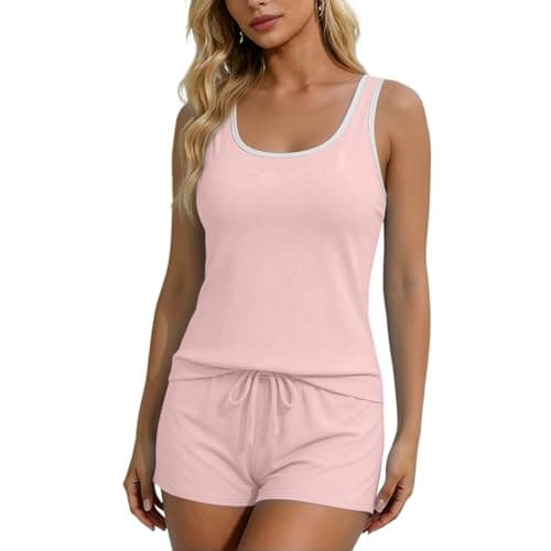 Tank Top Pajama Set for Women, 2 Piece Scoop Neck Backless Camisole and Shorts With Drawstring Women's Sleepwear, Lightweight Soft Comfy Summer Womens Loungwear Pink M
