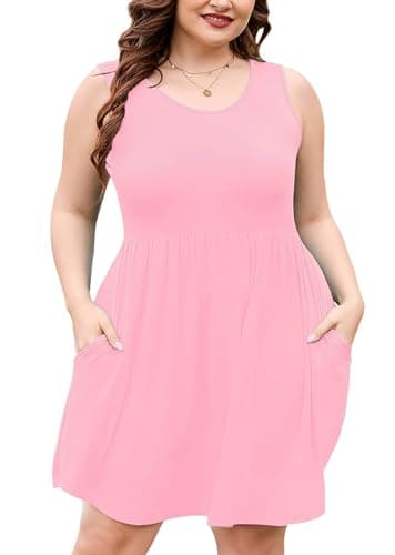 AusLook Plus Size Summer Tank Dress for Women Pink 2X Casual Sleeveless Crewneck Flowy Pleated Sun Maternity Tunic Dresses Babydoll Tshirt Swing Vacation Sundresses with Pockets - Image 1