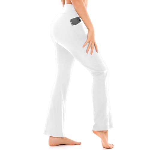 Walifrey Flare Leggings with Pocket for Women,High Waisted Opaque Flare Pants for Yoga Workout White S - Image 1