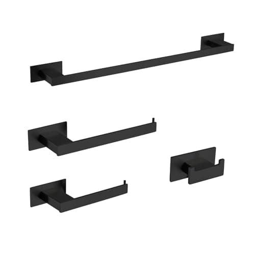 4-Pieces Bathroom Hardware Accessories Set, Towel Rack Towel Bar Toilet Paper Holder Towel Hook Self Adhesive Stainless Steel Towel Rack Set for Bathroom Wall Mounted, Matte Black 23 Inch