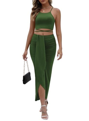 HUUSA Womens Plus Size Sexy 2 Piece Long Dress Fashion Trendy Maxi Skirt with Slit Juniors Girls Spaghetti Strap Backless Brunch Outfits Pencil Sheath Dress Green 3XL - Image 1