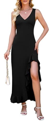 WEACZZY Long Dresses for Women V Neck Sleeveless Backless Wrap Ruffle High Slit Maxi Dresses Cocktail Dresses Party Dresses,Black,XL - Image 1