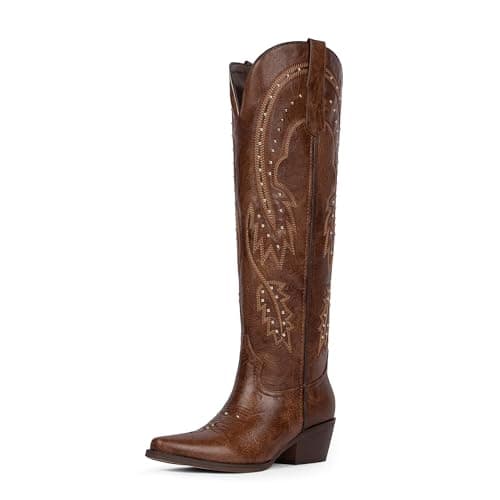 QIY Cowboy Boots for Women Rhinestone Knee High Womens Cowgirl Boots Nashville Pointed Toe Slip on Chunky Heel Cow Girl Brown Western Boot Size 6 - Image 1