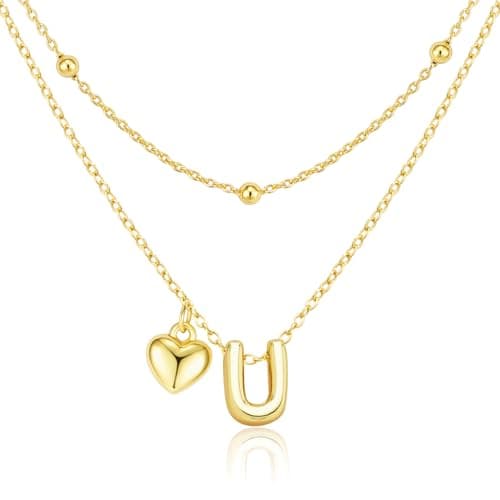 adoyi Gold Heart Initial Necklaces for Women Hers Dainty 14K Gold Plated Heart Initial Necklaces Layered Letter U Pendant Necklace Stack Birthday Valentines Gifts for Women Jewelry - Image 1
