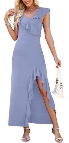 WEACZZY Women V Neck Backless Sleeveless Sexy Slimming Long Dresses Semi Formal Date Night Maxi Dress,Smoke Blue,XL