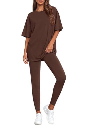 BTFBM Two Piece Lounge Set Women 2026 Spring Casual Oversized Shirts Leggings Matching Workout Airport Travel Outfits(Brown, Large) - Image 1